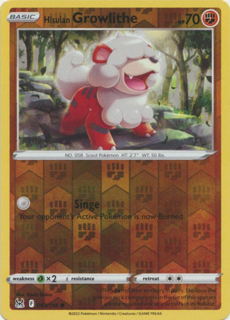 Pokemon Hisuian Growlithe 083/196 (Reverse Holo) Sword & Shield:  Lost Origin Single Card