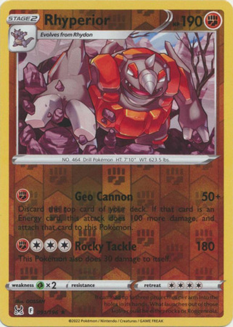 Pokemon Rhyperior 091/196 (Reverse Holo) Sword & Shield:  Lost Origin Single Card