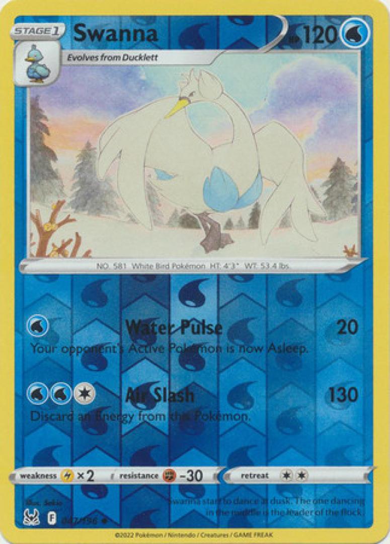 Pokemon Swanna 047/196  (Reverse Rare) Sword & Shield:  Lost Origin Single Card
